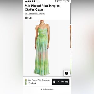 ML MONIQUE LHULLIER Green Pink Swirl Strapless Flowy Maxi Dress Size 4